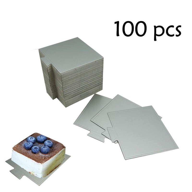Proshopping 100 pcs 3.54"x3.54" Mini Cake Boards, Small Square Silver Mousse Cake Cardboard Set, Cupcake Cake Base, Dessert Displays Tray, Disposable Paper Coasters - for Wedding Party Cake Pastry Cup - Image 3